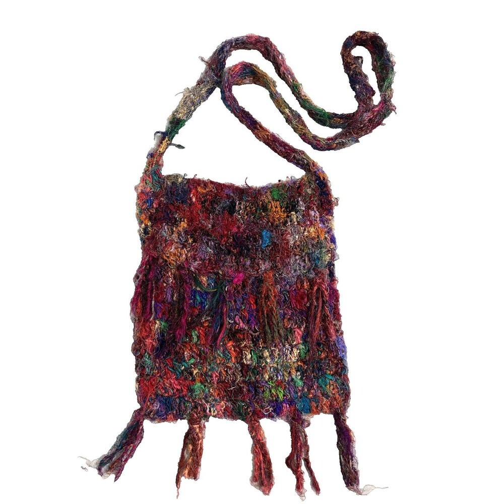 Lakhay Collection 100% Silk Knit Multicolor Boho Crossbody Bag W/Tassel Fringe